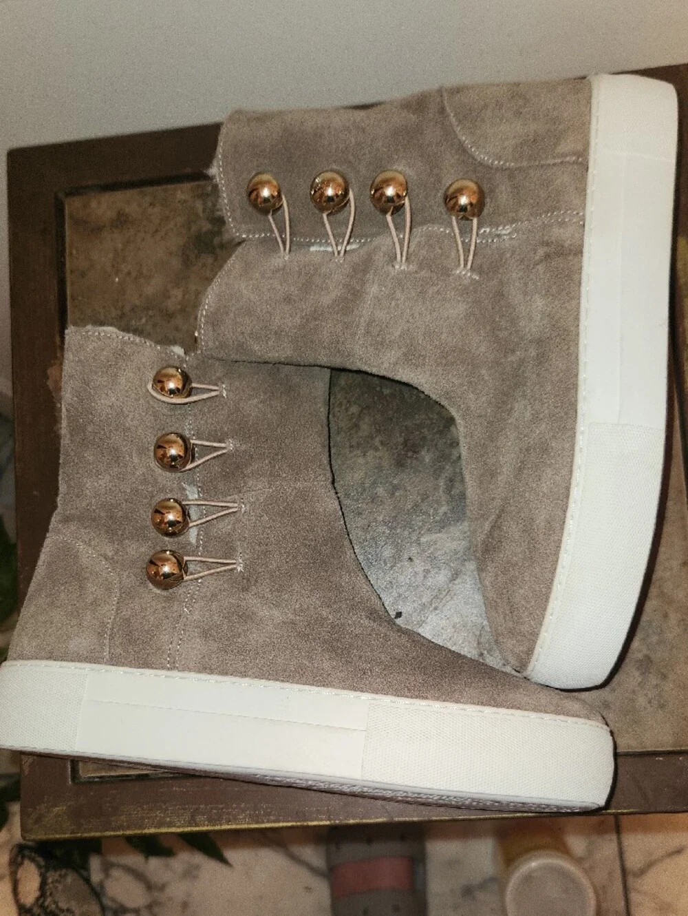 J Slides Taupe Suede Faux-Fur Lined Ankle Boots with Gold Hardware